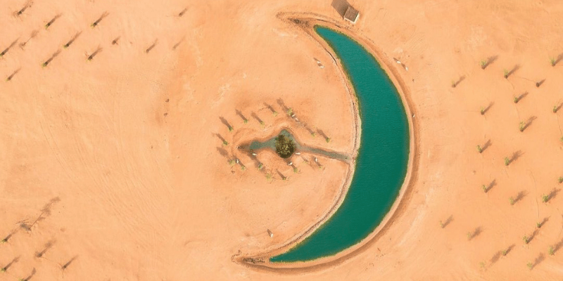 aerial shot of the hidden oasis named crescent moon lake